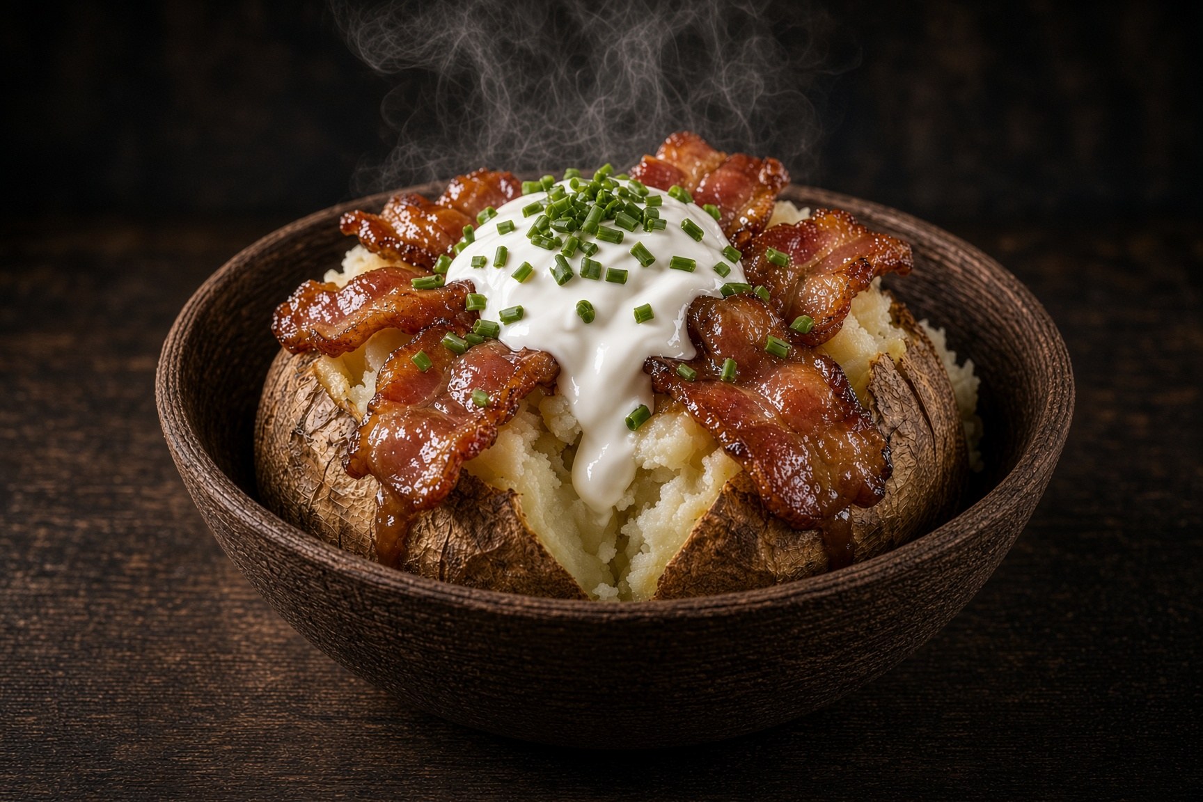 Maple bacon jacket potato in a natural bowl