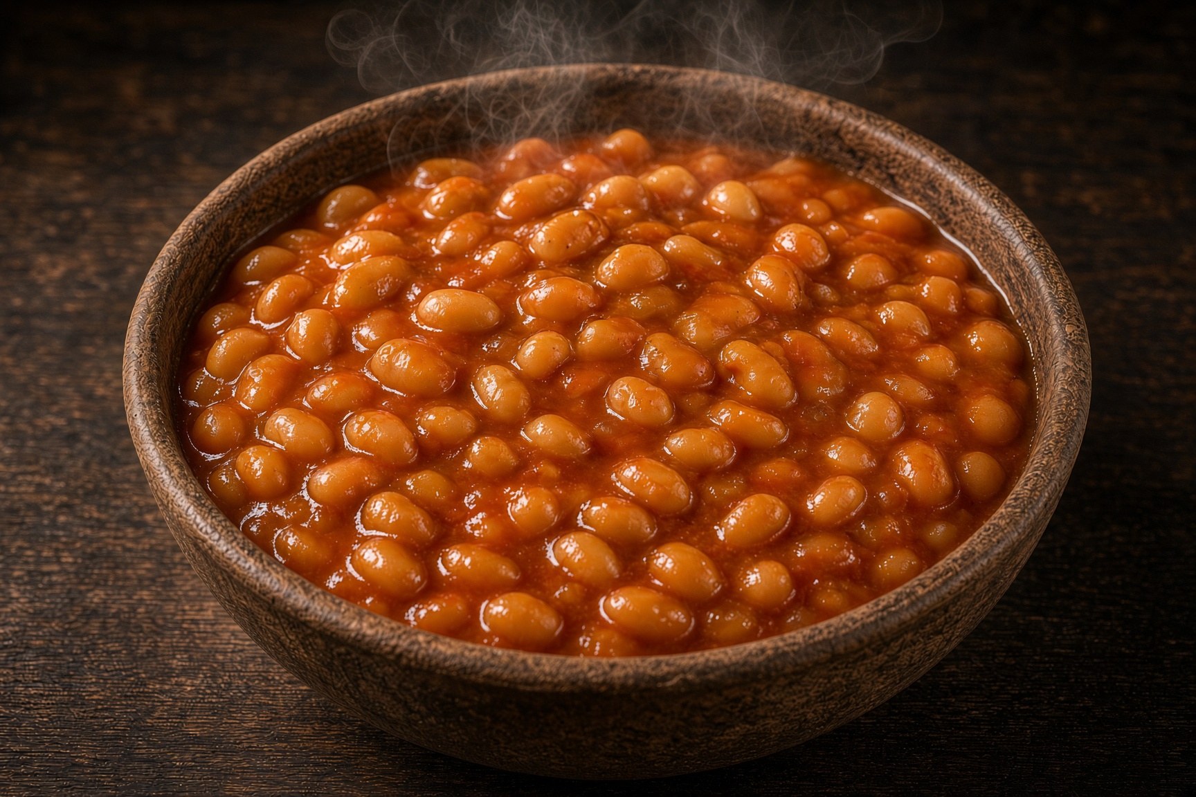 Bowl of baked beans in a natural bowl