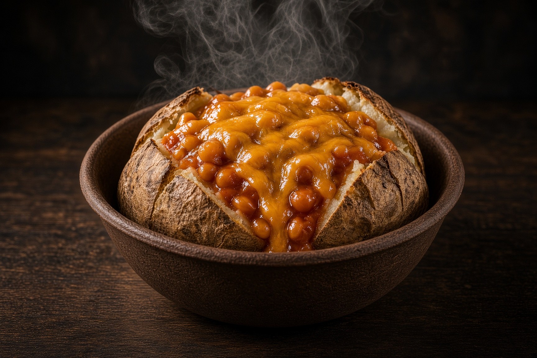 Beans and cheddar jacket potato in a natural bowl