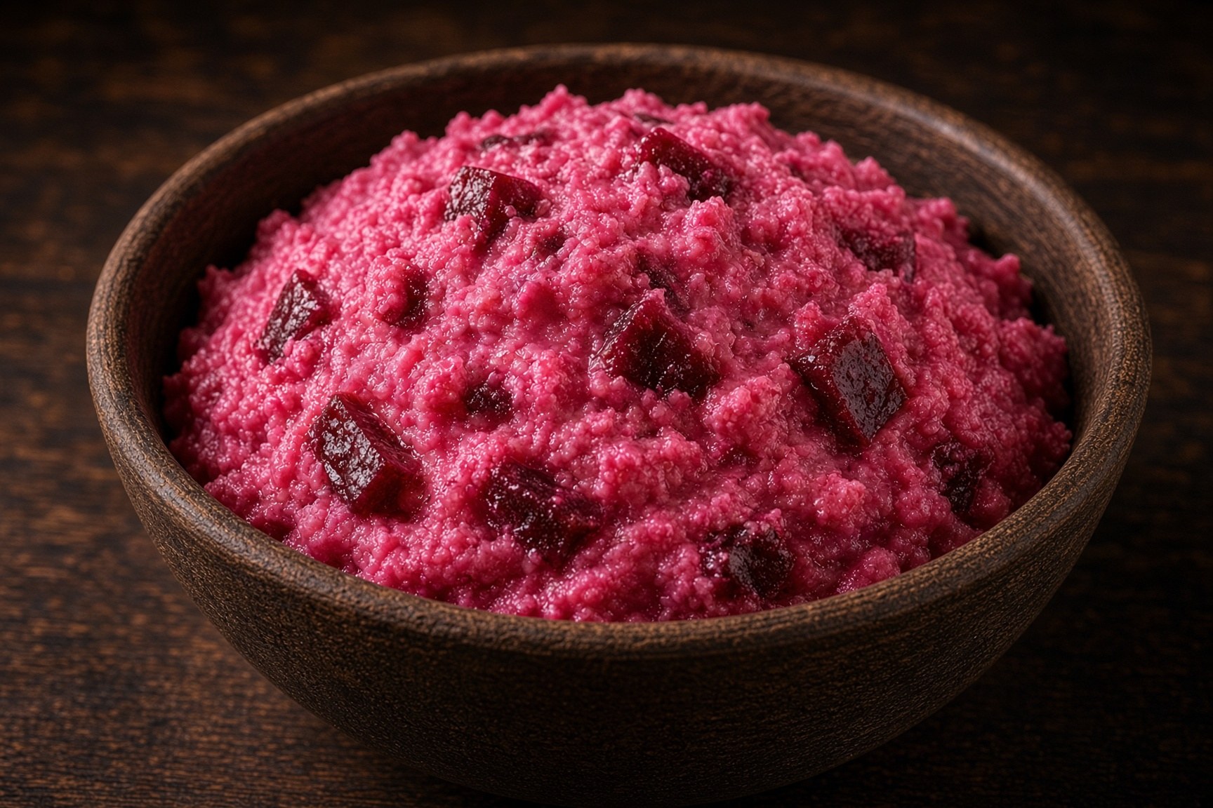 Chunky pink beet salad in a natural bowl