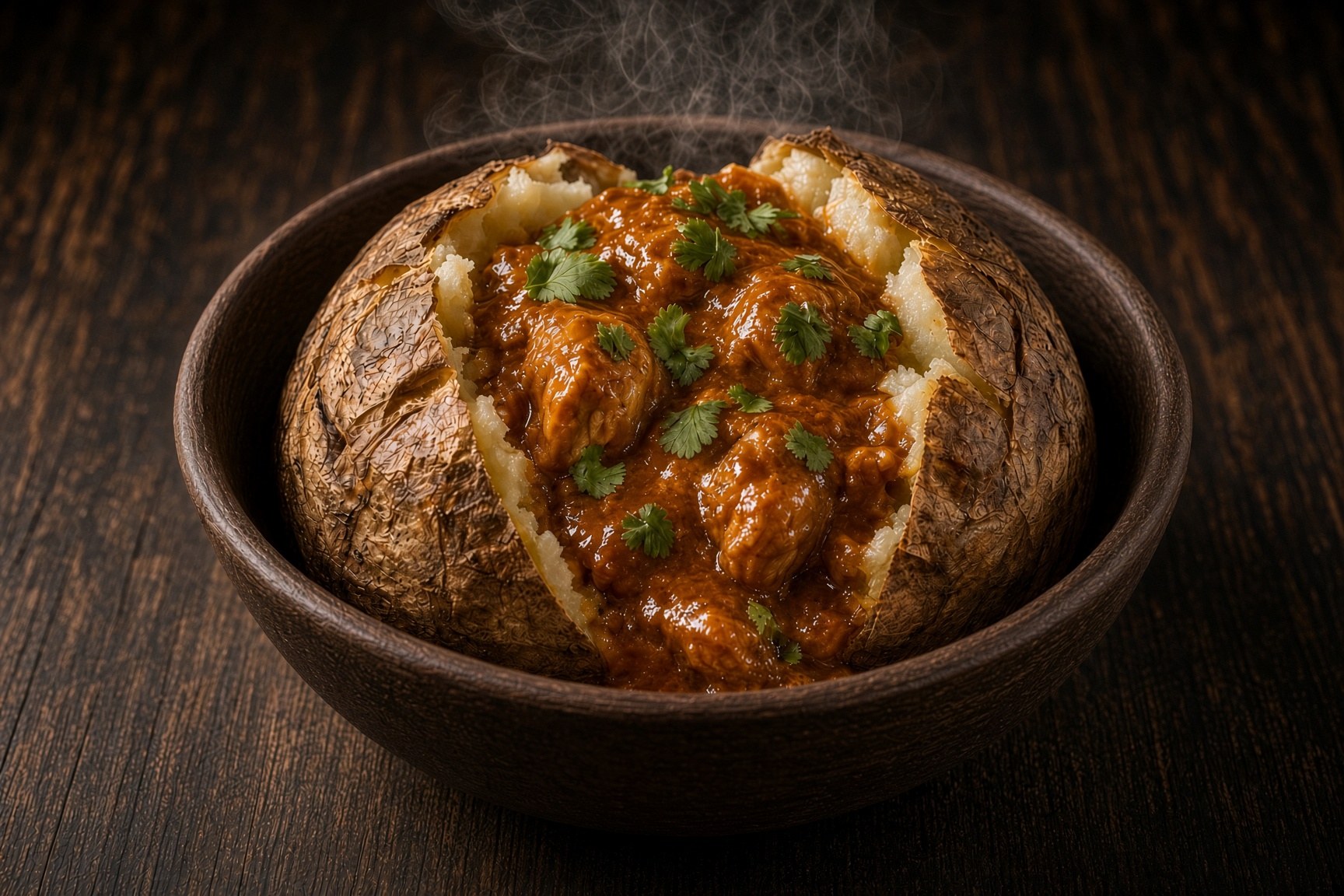 Curry jacket potato in a natural bowl