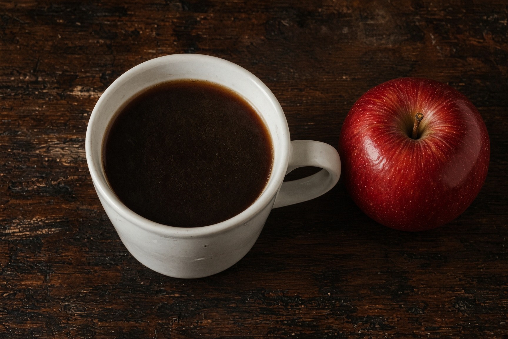 Black coffee beside a red apple
