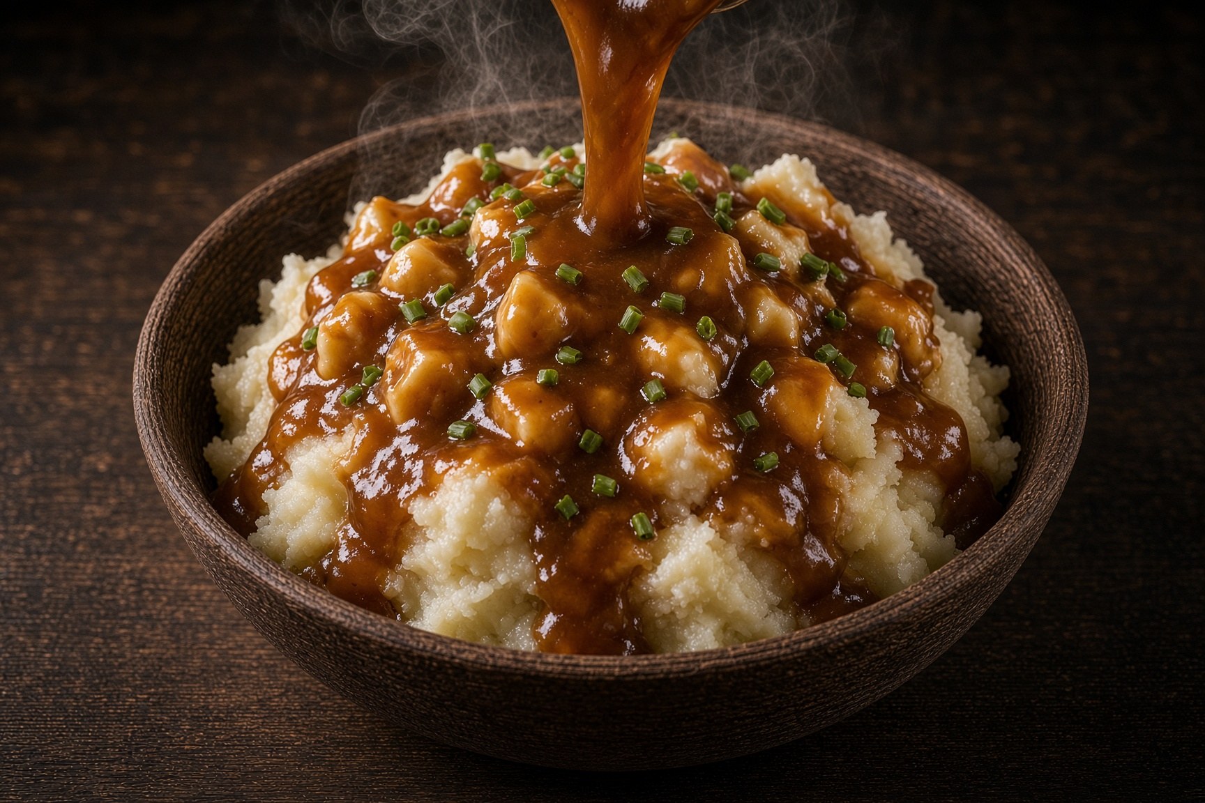 Poutine jacket potato with cheese curds and gravy in a natural bowl
