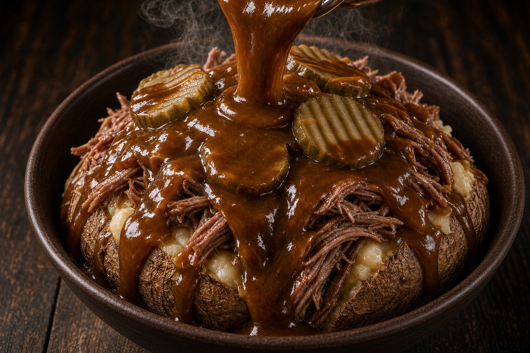 Smoked meat jacket potato with poutine sauce