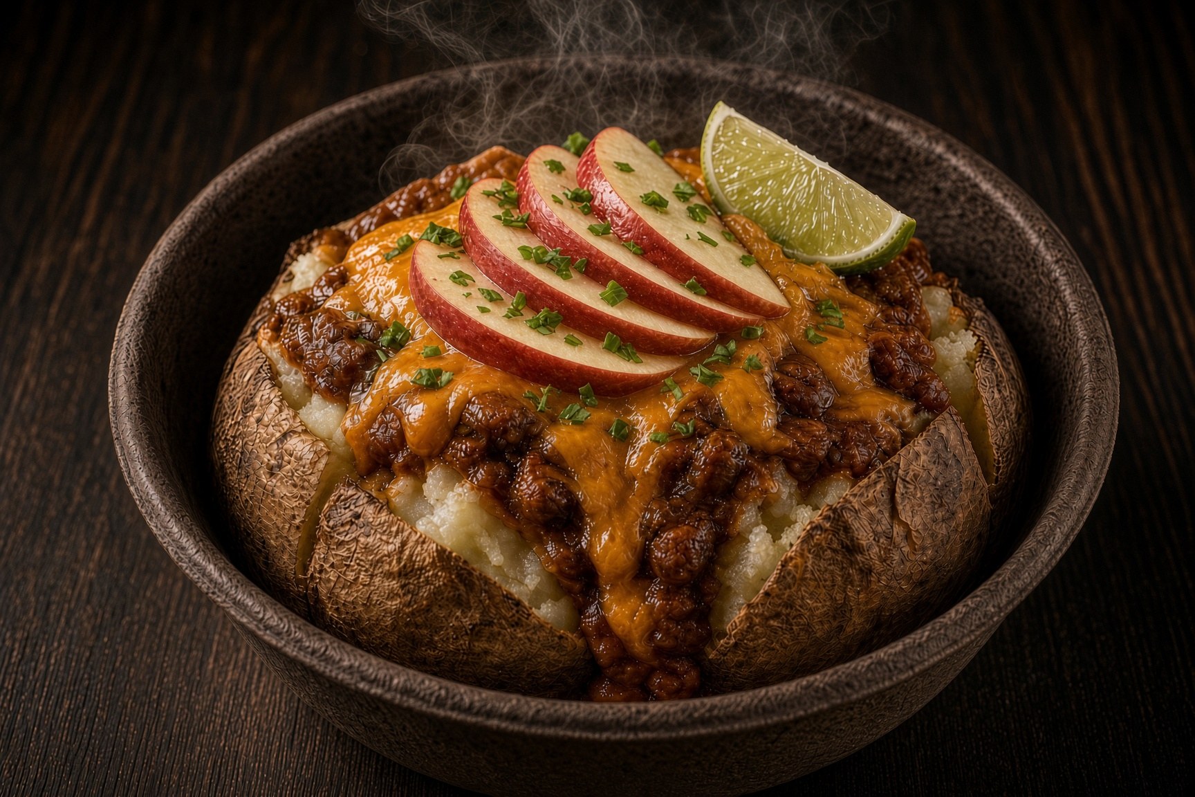Veggie chili jacket potato with cheddar and thin apple slices